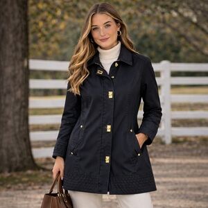 JONES NEW YORK Turn-Lock Coat Black Gold Hardware Trench Jacket XS Luxe Classic